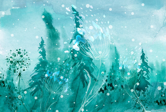 Watercolor painting, drawing. Coniferous forest. Winter countryside landscape. Blizzard,snowfall. Splash of abstract paint. Spruce, pine, cedar in the winter forest. Wild herbs, snow-covered plants