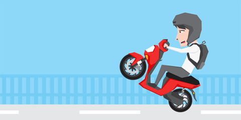 An illustration of a man riding scooter and doing some wheelie 