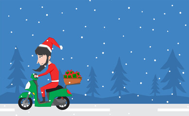 An illustration of Santa Claus riding scooter in the snowy road and bring some gift