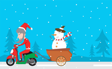 An illustration of Santa Claus riding scooter in the snowy road and bring a snowman in the cart