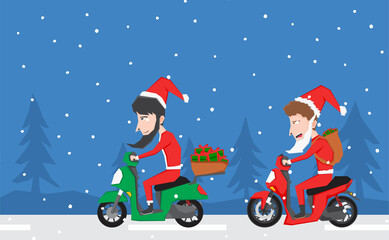 An illustration of two Santa Claus riding scooter in the snowy road and bring some gift
