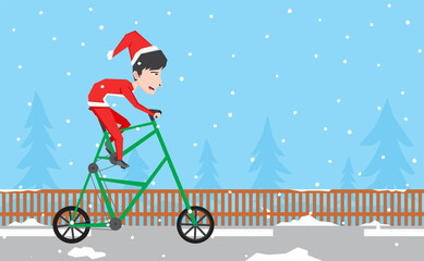 An illustration of a boy with Santa Claus costume riding a tall bike in the snowy road