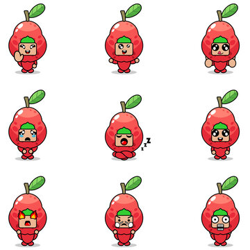 vector illustration of cartoon character mascot costume set of water guava fruit expression bundle