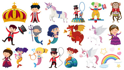 Fototapeta premium Set of isolated fairytale cartoon characters and objects