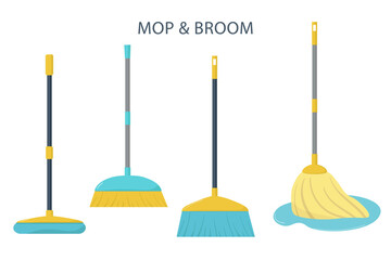 Collection brooms and mops for floor home hygiene vector cartoon pictures.