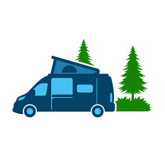 camper van at camping site with pine trees vector illustration motor home isolated logo icon