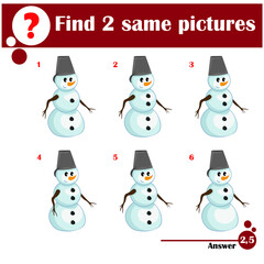 Children educational game. Find two same pictures of snowman