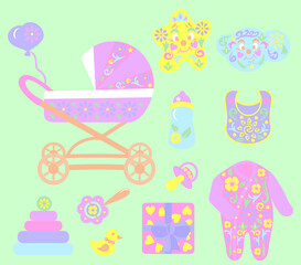 A set of children's objects for stickers. Cute illustrations of baby products. A poster with beautiful items for toddlers. Simple drawing style in pastel colors. Pictures for parents.