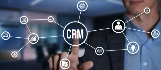 Internet, business, Technology and network concept.CRM Customer Relationship Management. Virtual button.
