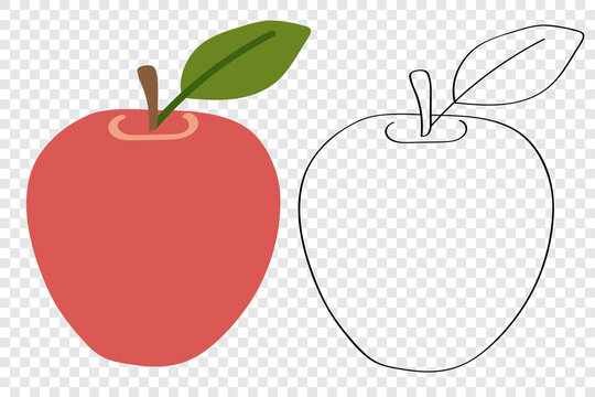 Red apple - delicious sweet fruits, cartoon flat vector illustration. Icon symbol for creating packaging or splash, children's coloring.
