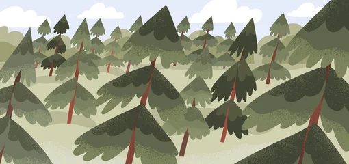 Keuken foto achterwand Kaki Altijdgroene sparren boslandschap. Natuurpanorama met naaldhout. Naaldbos met veel groene sparren. Bosbouw panoramisch uitzicht. Platteland omgeving. Platte vectorillustratie