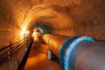 Water pipe or pipeline in a mountain tunnel.