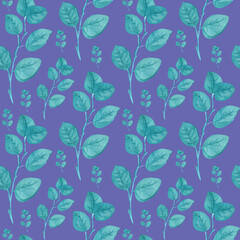 Watercolor seamless pattern with turquoise eucalyptus on trendy color 2022 Very Peri.Summer,botanical,herbal,textural hand drawn print.Designs for textiles,fabric,wrapping paper,packaging,social media
