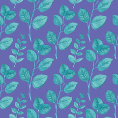 Watercolor seamless pattern with turquoise eucalyptus on trendy color 2022 Very Peri.Summer,botanical,herbal,textural hand drawn print.Designs for textiles,fabric,wrapping paper,packaging,social media