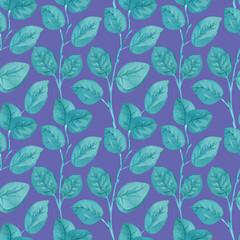 Watercolor seamless pattern with turquoise eucalyptus on trendy color 2022 Very Peri.Summer,botanical,herbal,textural hand drawn print.Designs for textiles,fabric,wrapping paper,packaging,social media