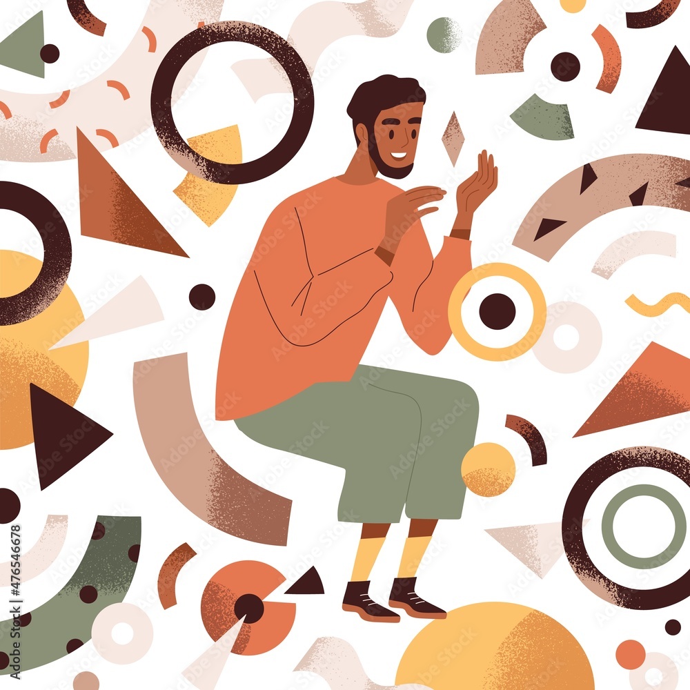 Aufkleber Creative work process. Person creating smth from abstract geometric figures. Creativity, ideas and research concept. Happy man and geometry shape chaos. Modern artist. Colored flat vector illustration