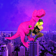 Contemporary digital collage art. Urban girls back in 90s style. Pink Dino. Pop zine culture in trendy city space. Fashion, adult shop, party concept