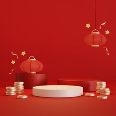 Chinese new year background for social media posts with podium for product display. 3d rendering.