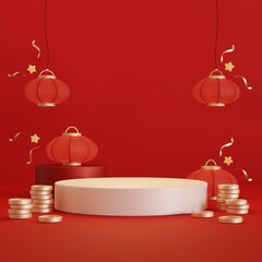 Chinese new year background for social media posts with podium for product display. 3d rendering.