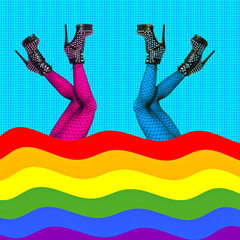 Contemporary digital collage art. girls Legs in Creative rainbow  space. Fashion, party, pride,...