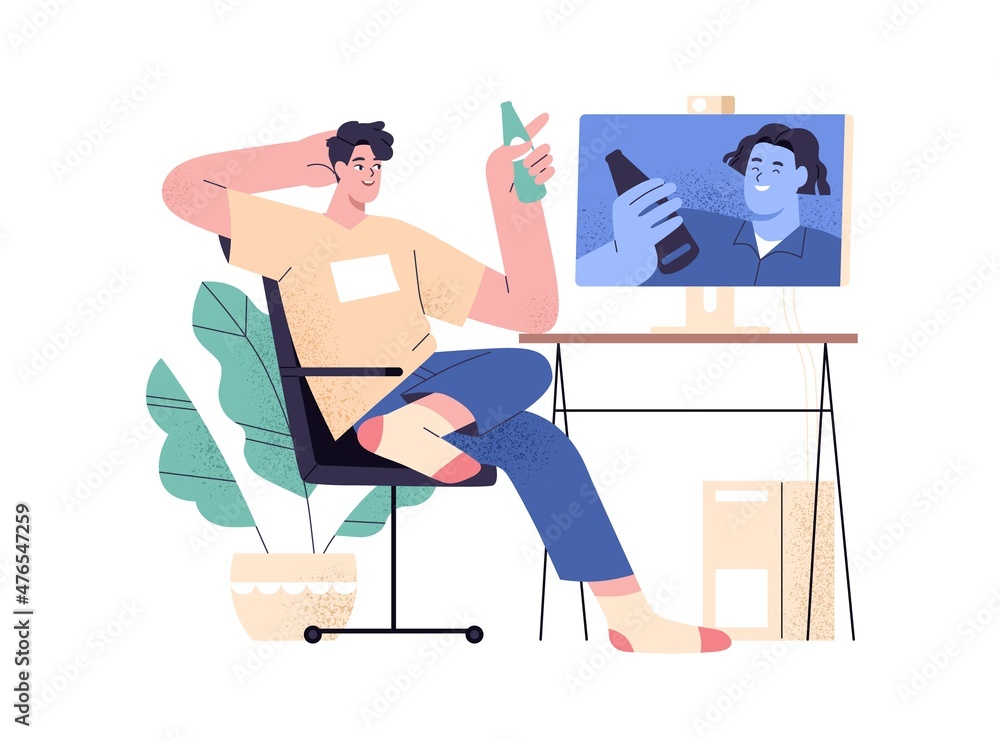 Poster friends meeting online. guys with beer bottles chatting through internet. young men relaxing and tal