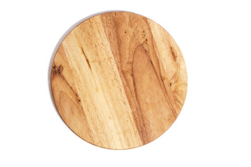 Round, wooden cutting board on a white background.