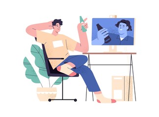 Friends meeting online. Guys with beer bottles chatting through internet. Young men relaxing and talking during video call. Virtual communication. Flat vector illustration isolated on white background