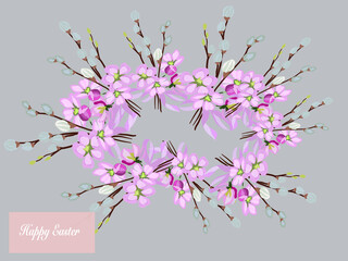 Vintage vector greeting card with Happy Easter holiday. Beautiful pink flowers.