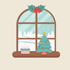 Winter window, christmas eve and present box on the sill.