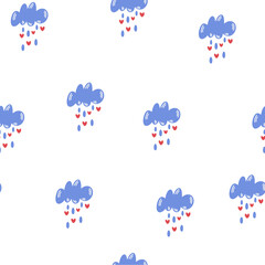 Obraz premium Clouds with drops and hearts seamless pattern. Colorful hearts rain. Cute seamless background for Valentine's day. Vector Illustration for babies, kids, greeting card, print, posters design.