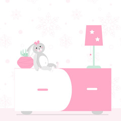 A children's bedside table with a lamp, a rabbit toy and a cactus. Vector flat illustration on patterned background