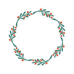 Fototapeta na wymiar A wreath of green branches with red berries. Vector illustration.