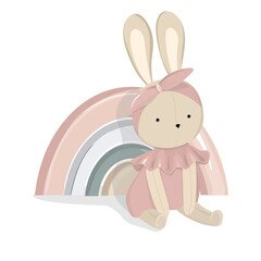Illustration wooden toy rainbow and rabbit in pink dress