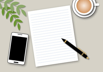 Blank notebook with pen, mobile phone, coffee cup and leaf on top of wood table. Top view, flat lay. Office desk table with supplies concept. Space for the text, paper cut design style.