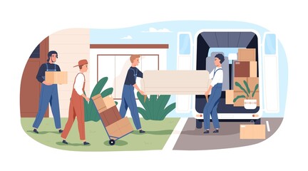 People loaders moving and carrying boxes and furniture. Workers from relocation service loading cardboard packages and sofa into van. Flat graphic vector illustration isolated on white background