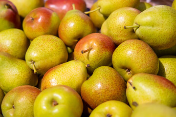 Close-up of the pears in yellow and red. A group of pears is sold in the grocery store. Juicy and sweet fruit. Pears are covered with small dots