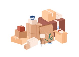 Cardboard boxes pile with personal stuff. Many packed cartons stack with home supplies, ready for moving and relocation. Plenty of packages. Flat vector illustration isolated on white background