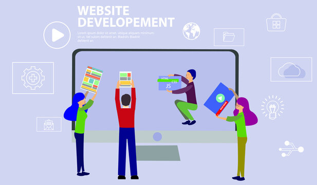 Web development. Project team of engineers for website create. Webpage building. UI UX design. Characters on a concept. Web agency. Template for programmer or designer. Vector illustration.
