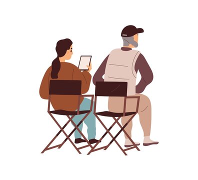 Film Director And Assistant Sitting In Chairs During Video Production Process. Backstage Of Professional Man Producer, Filmmaker, Creator Work. Flat Vector Illustration Isolated On White Background
