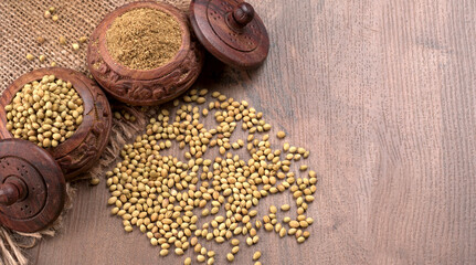 Dry coriander seeds with small bamboo spoon and green fresh bunch coriander leaves,famous spices ingredients in asia's kitchen.