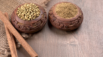 Dry coriander seeds with small bamboo spoon and green fresh bunch coriander leaves,famous spices ingredients in asia's kitchen.