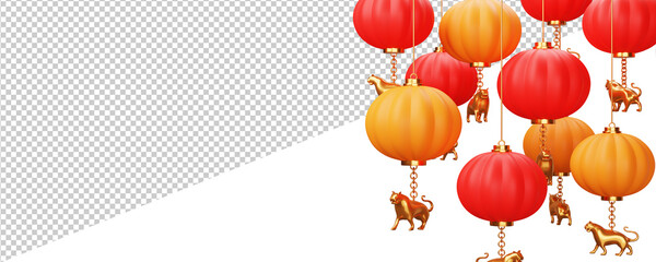 Fototapeta na wymiar 3D Chinese Lanterns With Golden Tiger Hang And Copy Space On Png White Background. Banner Or Header Design.