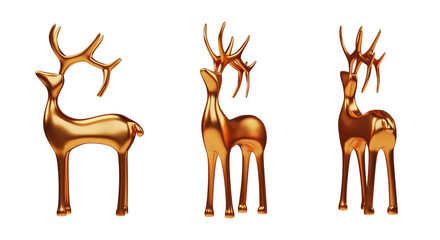 3D Render Of Golden Three Reindeer Standing On White Background.