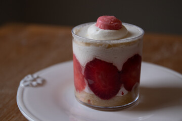 Close up Strawberry Cheese cake in a Tiny cup
