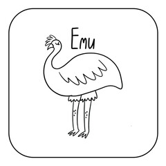 Animal English alphabet. Coloring page with animal. Letter E - Emu.
