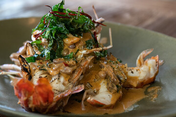 Close up sea-Food, grilled shrimp topped with spicy sauce