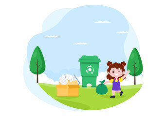 Obraz na płótnie Canvas Recycle Process with Trash Organic, Paper or Plastic to Protect the Ecology Environment Suitable For Banner, Background, And Web in Flat Illustration
