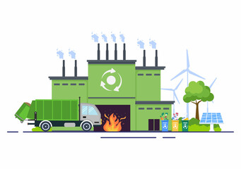Recycling Ecology Process Flat Illustration Background with Organic Waste, Paper or Plastic Picked up on a Truck and Brought to Burn