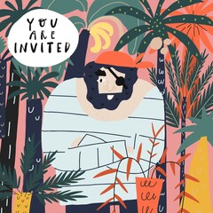 Funny cartoon character pirate. Island background, plant, lettering you are invited. Vector postcard print, book page design