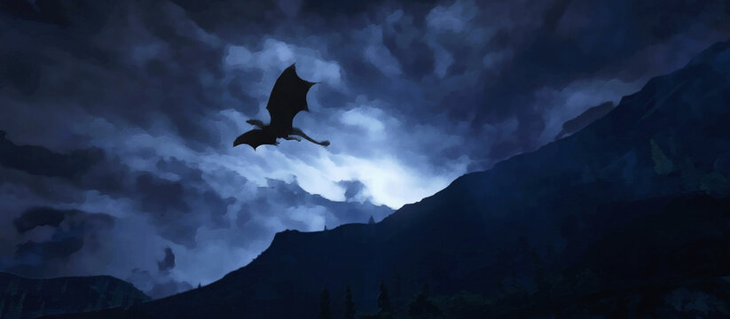 The dragon flies over the mountains, gloomy night sky. Artistic work